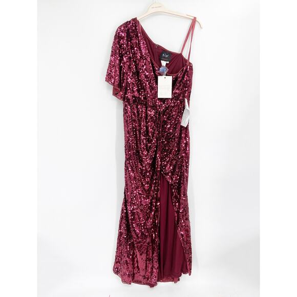 Mac Duggal Burgundy Red Sequined One-Shoulder Slit Column Formal Gown Sz 14 NWT - Picture 3 of 8